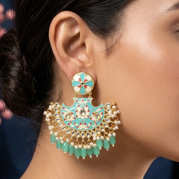 Ethnic Indian Wear Jewelry - Mint Green Meenakari Chandbali Earrings | Floral Enamel Dangle